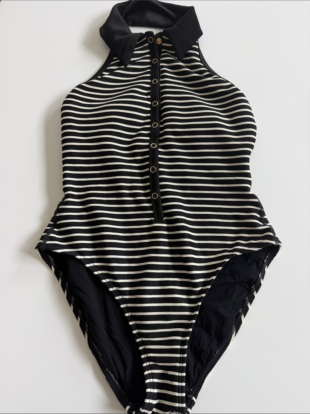 Robin Piccone Black and White Striped Halter Swimsuit